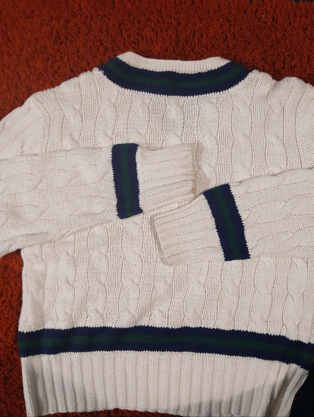Polo by Ralph Lauren White Cable-Knit V-Neck Sweater with Navy & Green Trim - Picture 5 of 8